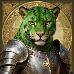 portrait of a green panther, d & d, armour! fantasy, intricate, elegant, highly detailed, digital painting, artstation, concept art, smooth, sharp focus, illustration, art by artgerm and greg rutkowski and alphonse mucha