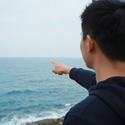A man looking at the ocean. Over the shoulder point of view.