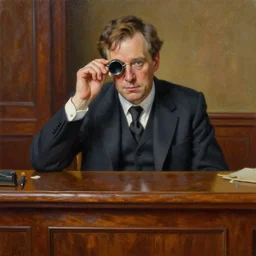palette knife oil painting portrait of graham, a fellow in a three - piece suit and monocle over one eye, peering over from his heavy, lacquered oak reception desk, extreme detail, artstation trending, artgerm, any racial background, deviant art, octane, substance, art history 8 k