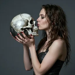 portrait of an outlaw woman, kissing a metal sphere, with a skull painted on it, by nikolay makovsky.