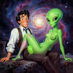 a picture of a happy subgenius salesman and sexy green alien reclined in front of a nebula, a detailed matte painting by mort kunstler, pixiv, kitsch movement, hellish background, movie poster, official art