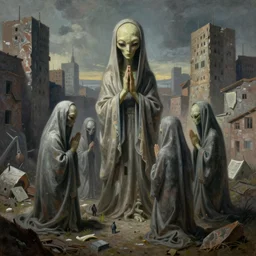 dystopian surreal painting aliens in shrouds praying to a single eerie head statue surrounded by uneven buildings, artstyle by zdzisław beksinski