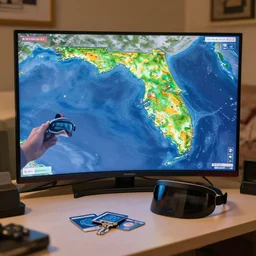 matric of curved transparent videoscreens with florida weathermap, volumetric lighting, bedroom, visor, users, pair of keycards on table, bokeh, creterion collection, shot on 7 0 mm, instax