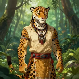 character portrait feature of the anthro male anthropomorphic jaguar fursona animal person wearing jaguar fur body shaman tribal outfit robes belt standing in the amazon rainforest, well framed character design stylized by charlie bowater, ross tran, artgerm, makoto shinkai, detailed, soft lighting, rendered in octane