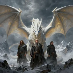 white dragon, large wings, long lens, wide angle, greg rutkowski, drark, marvel comics, dark, plutus su and chris scalf and lucas graciano and billy christian, symmetrical, snowy mountains, atmospheric haze, blue eye, grey and gold color palette, painting, d & d, fantasy, detailed, realistic, complimentary colors, light, artstation, cinematic, dramatic lighting, close up, storm clouds