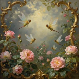 tiny whimsical pixies with dragonfly wings in a garden flying over rose bushes, ornate gilded details, pastel colors, a surrealist painting, wiccan, featured on cgsociety, pop surrealism, surrealist, dramatic lighting