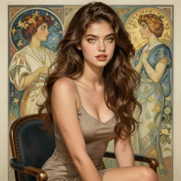 pretty girl with long wavy brown hair, yellow eyes, luscious lips, wearing a low cut tanktop and skirt, sitting in a chair. highly detailed, digital painting, artstation, concept art, smooth, sharp focus, illustration, art by artgerm and alphonse mucha, high definition digital art, in the style of Ross tran and ilya kuvshinov