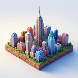 3 d isometric diorama full view of small square island new york buildings on a pale gradient background, ultra detailed, hd textures, sharp focus, volumetric light, depht of field, by filip hodas, featured on polycount, cubo - futurism, colorful, voxel art, diorama, cityscape, octane render, no crop!!!