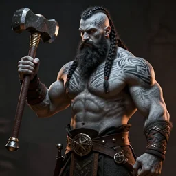 a tall muscular man with grayscale skin, with a full black beard, barbarian with white skin, short hair on sides of head, long braided hair on top of head, tribal tattoos on head and chest and back, short hair on sides, wielding a great hammer, chest tattoos, full body, style by donato giancola, wayne reynolds, jeff easley dramatic light, high detail, cinematic lighting, artstation, dungeons and dragons