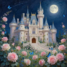 rococo painting of a lush castle filled with pastel roses and blue butterflies in the night, the moon on the top right, shooting star, volumetric lighting, realistic, symmetrical, digital painting, in the style of kehinde wiley, alphonse muca, jean - honore fragonard