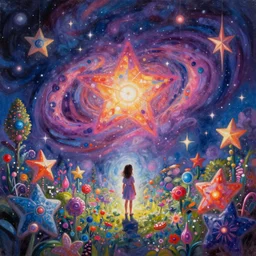 atmospheric painting of a giant star  garden, a young girl stands in, by moebius and john harris, atmospheric, concept art, saturation 8