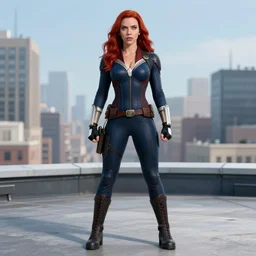 peter mohrbacher, phil noto, artgerm, pretty scarlett johansson black widow, symmetrical eyes, long red hair, full body, city rooftop