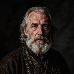 portrait of an old, melancholic medieval alchemist in the dark, he is looking into the camera. chiaroscuro lighting, fantasy, detailed, photorealistic portrait by michael komarck, greg rutkowski, victo ngai, artgerm and j. dickenson
