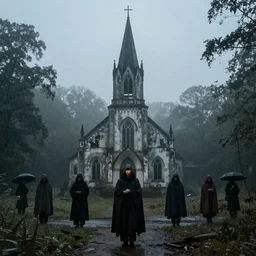 in front of an abandoned church, many people with cloaks, dark forest, rain, dense fog, shining eyes