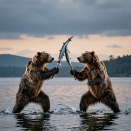 kodiak bears kung - fu fighting on a lakefront using salmon as weapons, dusk, 8 k, hdr, cinematic, rule of thirds,