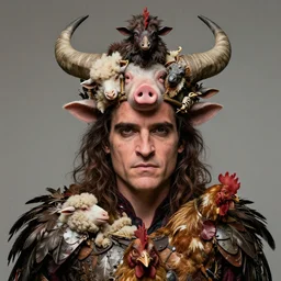 a hyper detailed portrait of joaquin phoenix with a crown made of animals, cow horns, pig nose, sheep wool, chicken feather armor, horror, by anna podedworna, by miklos ligeti, by diego maricato, by taran fiddler, by antonino truisi, by chris reddie, by jinsung lim, trending on artstation
