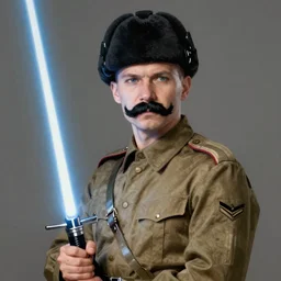 portrait photo of russian man in khaki military tunic wearing black hight wool hat with black moustache and shaved chin, holding a lightsaber, handsome, highly detailed, digital painting, artstation, concept art, smooth, sharp focus, illustration, art by gaston bussiere and alphonse mucha