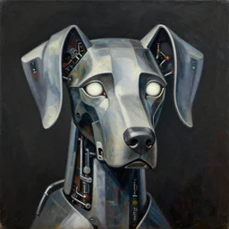 a portrait of cyber - dog of sci fi metallic human, bright eyes, melancholic complex geometric figure liminal machinery by oskar schlemmer, moebius, john berkey, film grain, oil on canvas, portrait facial head, featured on artstation, hd wallpaper, 8 k