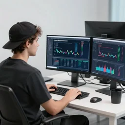 a man sitting on his computer with a backwards hat staring at several computer monitors showing crypto trades, colourful, chill, anime asthetic, neon glow, gamer, playstation 2, digital illustration, in style of lofi hip hop