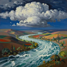 Psychedelic sci-fi dreamworld. Landscape painting. Organic. Winding rushing water. Waves. Clouds. Landscape by Alex Katz. Wayne Thiebaud. Paul Klee. David Hockney.