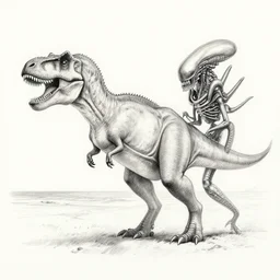a pencil sketch of a tyrannosaurus rex and a xenomorph on the beach playing volleyball, black and white, tropical setting, high contrast