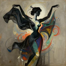 epic concept art. abstract female face silhouette dancing with black and color silk blankets. abstract sculpture. art deco swirls. particles simulation, vfx, cinema 4 d, tyflow. epic masterpiece, michelangelo. 1 7 th century french painting. classicism concept art, matte painting. greg rutkowski, wlop, victo ngai, kandinski. female upperbody