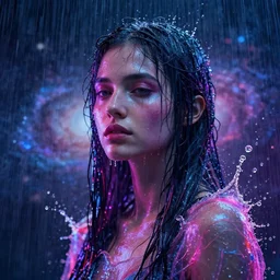 splashes of neon, portrait made out of rain, trending on artstation, epic composition, emotional, beautiful, rendered in octane, unreal engine, highly detailed, realistic, galaxy background