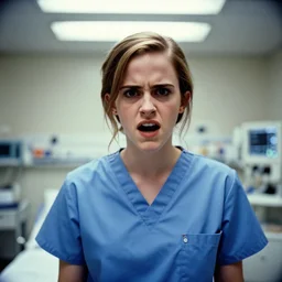 emma watson, nurse scrubs, hospital, portrait, angry, mouth open, worms eye view, award winning, kodak ektachrome expired blue tint,