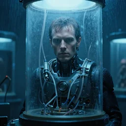 movie scene of medium closeup portrait of a human clone being grown in a pod with tubes coming out of it, in homemade mechanical hard sci fi lab. cool blue lighting, moody vibe, rainy day, dark knight ( 2 0 0 8 ) set in 1 9 8 2. light haze. cinemascope. scorcese. david fincher se 7 en. fred herzog