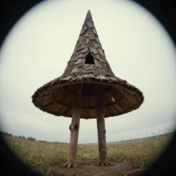 witch hut standing on legs, greg rutkowski, zabrocki, karlkka, jayison devadas, trending on artstation, 8 k, ultra wide angle, zenith view, pincushion lens effect