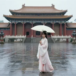a beautiful picture of rainy day, palace ， a girl in hanfu holding a umbrella, by greg rutkowski and thomas kinkade, trending on artstation