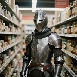 a knight standing in a grocery store aisle, 35mm film grain, bokeh, octane render, hyperdetailed, realistic, studio lighting, film still