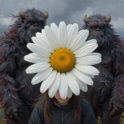 closeup, giant daisy flower as the head, girl between monsteras, surreal photography, wind and cold, dramatic sky, impressionist painting, digital painting, artstation, simon stalenhag