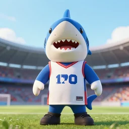 Render of a 3D Shark Mascot Costume, with a jersey on, stadium setting, highly detailed, trending on artstation, Unreal Engine 4k