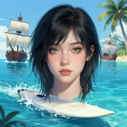 a beautiful round faced emo girl with beautiful eyes surfing in a magical blue lagoon, pirate ships, clear water, palm trees, digital illustration, art by greg rutkowski, intricate, elegant, smooth, amazing detail, concept art, sharp focus, realistic face