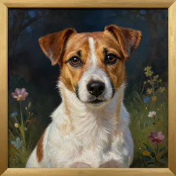 candid portrait jack russel thinking!!!, night outdoors, illustrated by peggy fortnum and beatrix potter and sir john tenniel