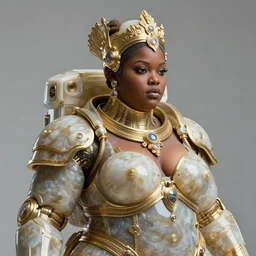 intricate slightly iridescent and tanslucent realistic onyx and gold bust of futuristic obese fierce beautiful cybernetic astronaut black girl empress, soft light