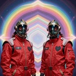 two time emperors wearing flight masks and red rick owens flight suits inside the glowing geometric rainbow portal to the sixth dimension by frank frazetta