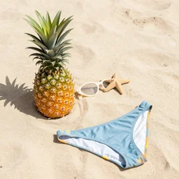 a pineapple with a bikini on the beach.