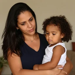 a portrait photograph of commanding, confidant, young, caring, 3 5 year brazilian mother, canon 8 5 mm f 1. 2 photograph