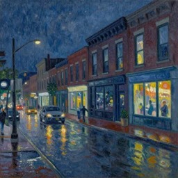 East 4th Street Cleveland in the rain at night, French impressionist painting