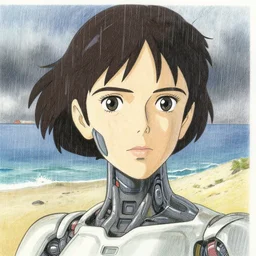 a female cyborg on a beach in the rain, finely illustrated face, highly detailed, colored pencil, studio ghibli, tankobon, in the style of ilya kuvshinov and krenz cushart and william - adolphe bouguereau and alphonse mucha