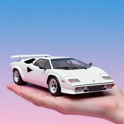 a white lamborghini countach. palms and blue sky in the background. 8 0's style. purpur to pink gradient