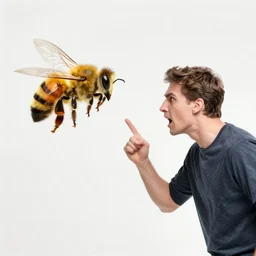 a photo of a man arguing with a bee, the man is losing