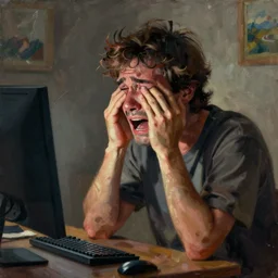 a painting of an extremely concerned artist crying in front of a computer