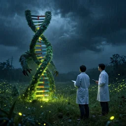 in a field, two scientists in lab coats encounter a monster shaped like the DNA double helix, stormy weather, by Dan Mumford, night scene, volumetric light, fireflies