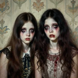 a beautiful and eerie baroque painting of two beautiful but creepy siblings wearing vivienne westwood in layers of fear, with haunted eyes and dark hair, 1 9 7 0 s, seventies, wallpaper, a little blood, morning light showing injuries, delicate embellishments, painterly, offset printing technique, by brom, robert henri, walter popp