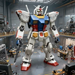 large scifi laboratory, art studio filled with disassembled giant robot parts. gundam design workshop. concept art, detailed