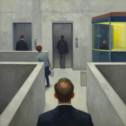 first person view of a stark concrete maze, people stepping into elevators, grant wood, pj crook, edward hopper, oil on canvas