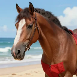 beautiful commission of a male anthropomorphic horse wearing red shorts on the beach,digital art,art by greg rutkowski,ross tran,character design by charlie bowater,artstation,deviantart,photorealistoc,hyperdetailed,detailed face,high resolution,high quality